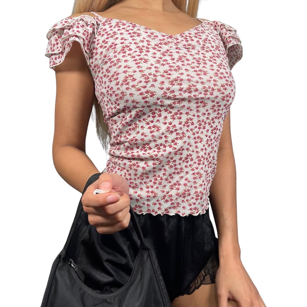 Vintage 2000s Off the shoulder floral mesh top (XS-S) Festival Spring Made in UK